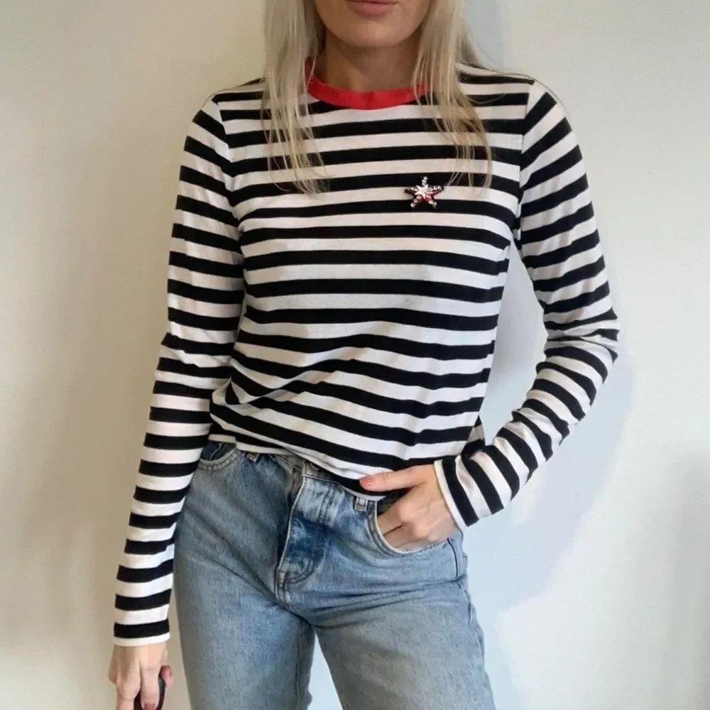 Topshop Striped Long Sleeve Embellished Top Shirt Women’s 8